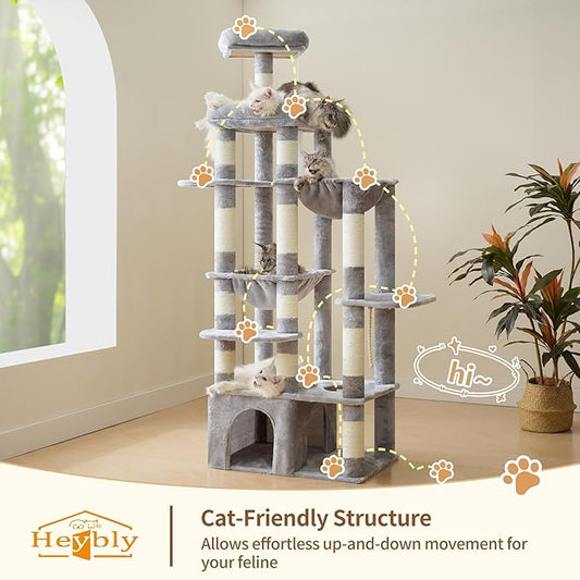 Heybly Heavy Duty Cat Tree, 71-Inch Tall Tower for Large Maine Coon with Extra-Large Baseboard, Cat Condo Furniture with Multi-Level Platforms, 2 Hammocks and 12 Scratching Posts, Light Gray HCT037W