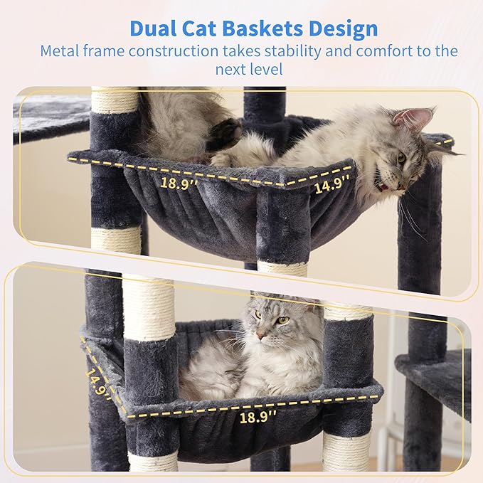 Heybly Heavy Duty Cat Tree, 71-Inch Tall Tower for Large Maine Coon with Extra-Large Baseboard, Cat Condo Furniture with Multi-Level Platforms, 2 Hammocks and 12 Scratching Posts, Smoky Gray HCT037G