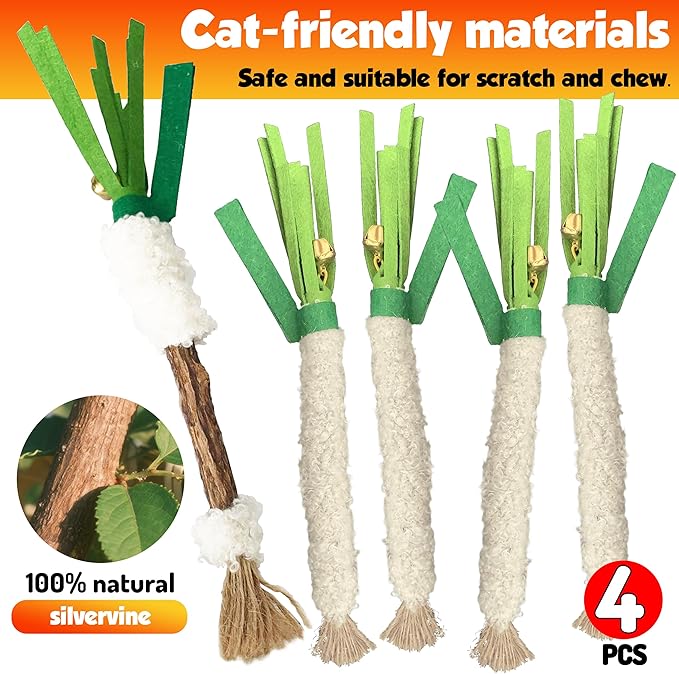Catnip Chew Stick 4PCS with Wrapped Cotton Rope – Natural Dental Care Cat Toy for Teeth Cleaning & Gum Health, Satisfies Chewing Instincts, Safe & Long-Lasting Kitten Teething Toy (White)