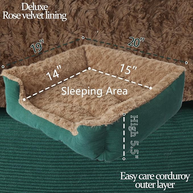 Small Dog Bed Washable for Dogs Calming Space 20"X19",Kitten Beds for Indoor Kittens Up to 20 Lbs Pet Sofa with Side Rectangle Anxiety Doggy Kennel and Anti Slip Bottom Plush Cuddle Puppy Bed,Green