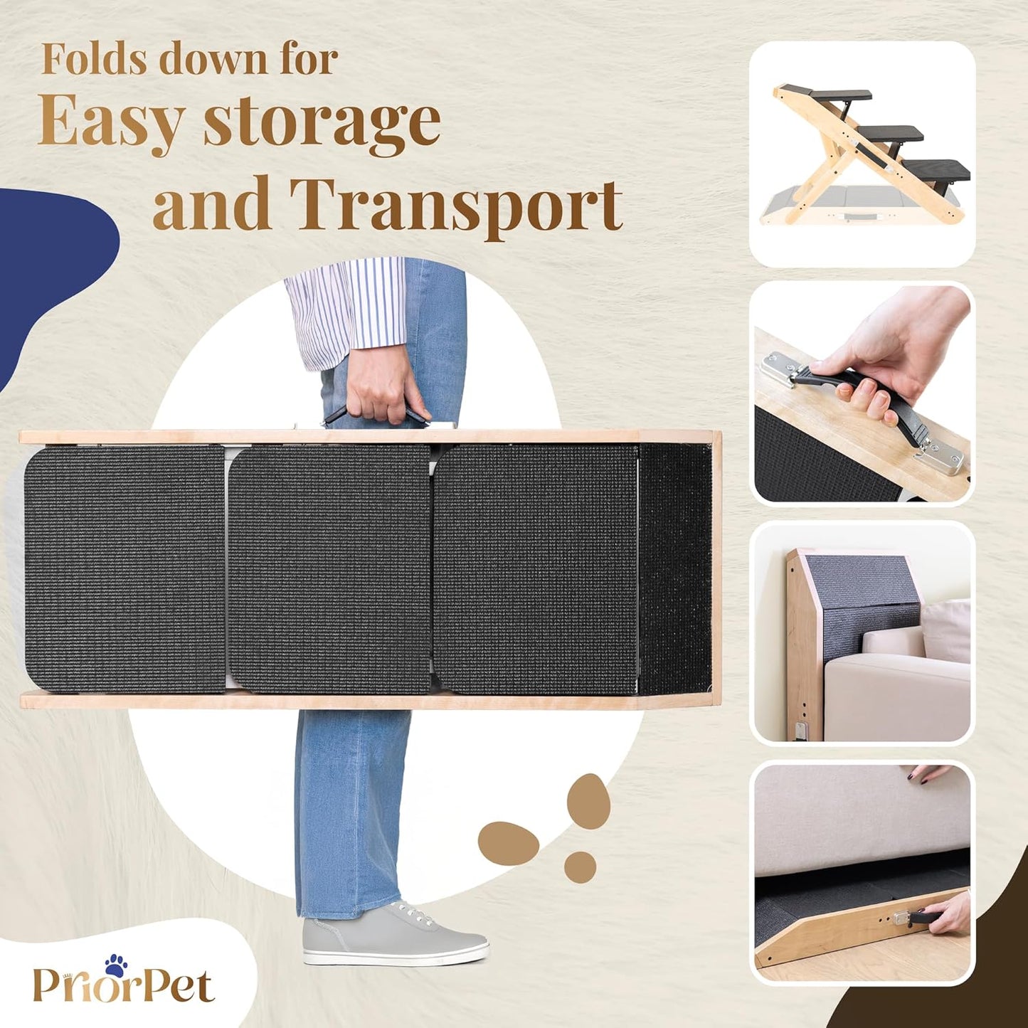 Dog Steps for Bed & Couch 2-in-1 Dog Stairs/Ramp - Height Adjustable Dog Ramp for Couch 7” - 20” - Pet Stairs, Dog Stairs for Small Dogs - Easy to Move Pet Steps with Landing Platform, Natural