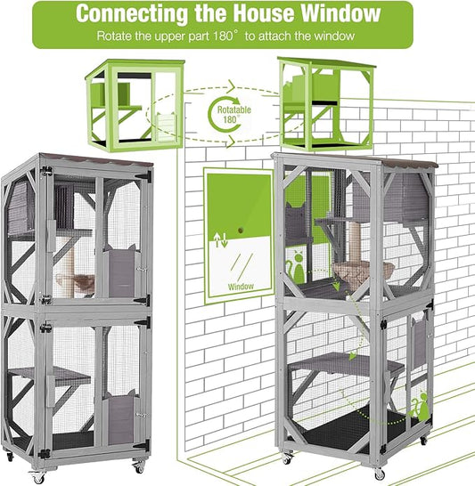 GUTINNEEN Cat House Catio Outdoor Cat Enclosure on Wheels Kitty Shelter with Waterproof Cover,Large Cat Cage with Resting Room,Platforms 62.5"