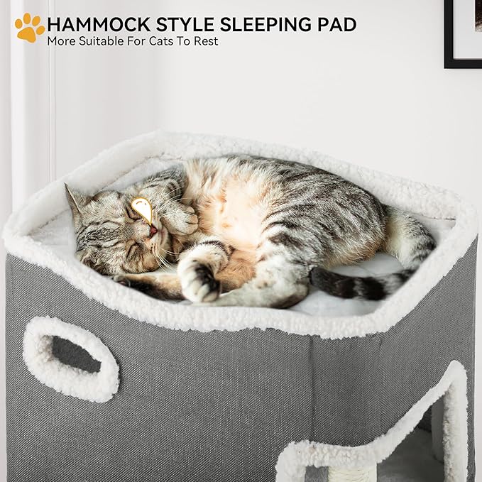 YITAHOME 2-Tier Cat House, Cat Beds for Indoor Cats, Small Cat Condo with Highway Cave, Scratch & Itching Post, Clmibing Stand, Modern Cat Cube Playhouse for Multi Kittens, Grey