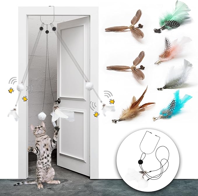 Retractable Cat Feather Toys 7PCS Refills with Bell, Interactive Doorway Hanging Teaser Toys for Indoor Cats, Kitten Play Exercise Feather Teaser Wands