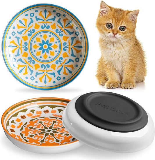 Non-Slip Cat Bowls, Ceramic Cat Food Bowl Set with Silicone Base, Cats Dishes, Cute Plates for Feeding Indoor Cats, Kitten, Small Dogs (Multi, Deeper)