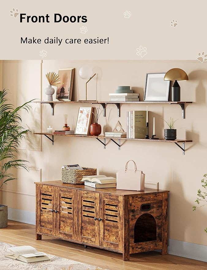 DINZI LVJ Litter Box Enclosure for 2 Cats, Hidden Litter Box Furniture with Double Rooms, Dual Cat Litter House, Front Doors, 47.2" Wooden Hidden Cat Washroom, Side End Table, TV Stand, Rustic Brown