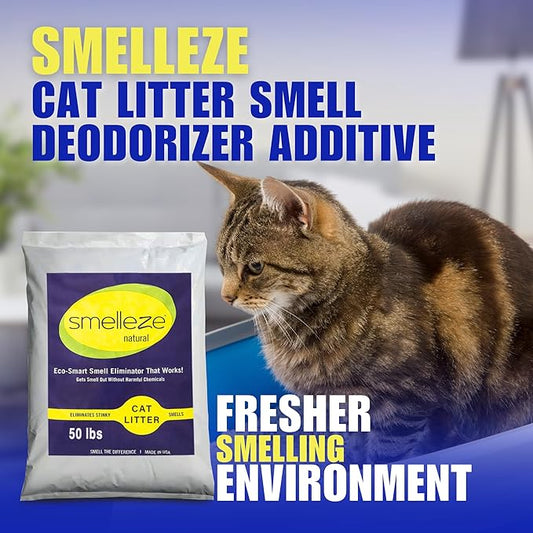 SMELLEZE Natural Cat Litter Smell Eliminator Deodorizer Additive: 50 lb. Rids Strong Urine & Poop Stench. Change Kitty Box Litter Less. Safe for Cats. Unscented