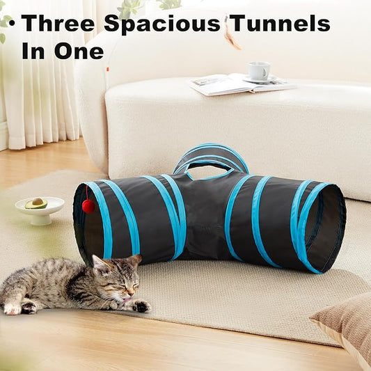Love's cabin Cat Tunnel Tube Toys 3 Way Collapsible, Cat Tunnels for Indoor Cats，Kitten Tunnel Bored Pet Play Tunnel with Peek Hole Toy Ball for Kitty, Kitten, Rabbit, Puppy Blue