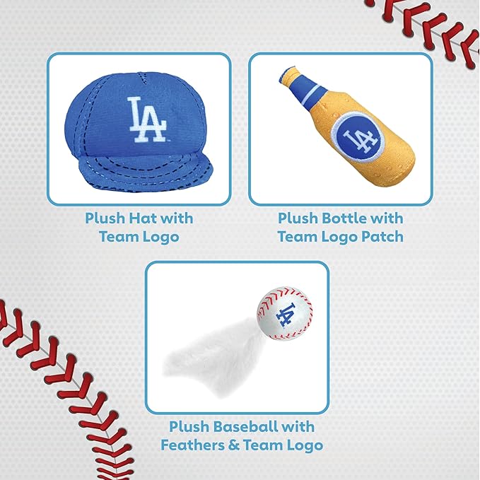 BEST PLUSH CAT TOY MLB LOS ANGELES DODGERS Complete Set of 3 piece Cat Toys filled with Fresh Catnip. Inc: 1 Baseball Cap Cat Toy, 1 Baseball Cat Toy with Feathers & 1 Beer Bottle. Beautiful Team LOGO