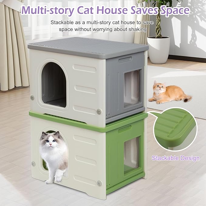 Deblue Plastic Cat House for Indoor & Outdoor, Waterproof Feral Cat House with Escape Door, Sturdy Pet Shelter for Cats, Puppy, Rabbit, Easy to Assemble and Clean-Green