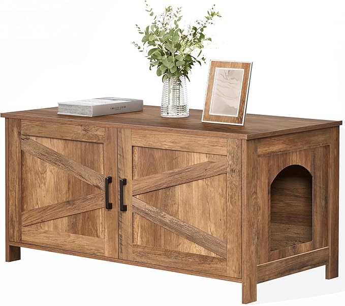 Homhedy 39.4" L Cat Litter Box Enclosure, Pet House with Barn Door,Wooden Cat Washroom Furniture,Fit Most of Litter Box, Rustic Walnut