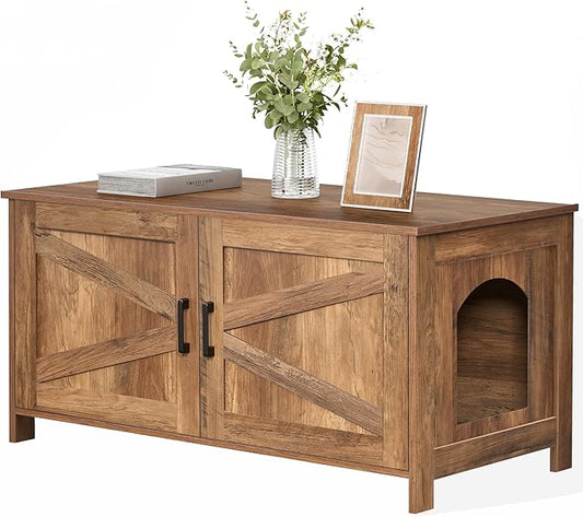 Homhedy 39.4" L Cat Litter Box Enclosure, Pet House with Barn Door,Wooden Cat Washroom Furniture,Fit Most of Litter Box, Rustic Walnut