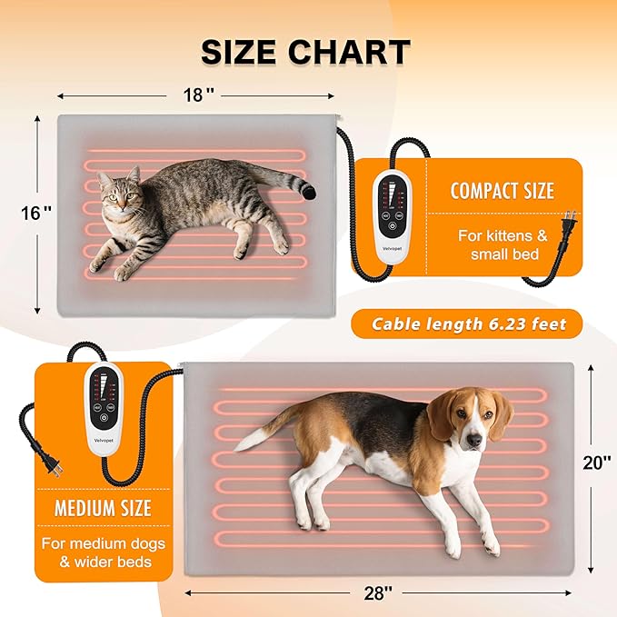 Pet Heating Pad for Cats and Small Dogs – Heated Cat Bed with 4-Level Timer & 6-Level Temperature, Waterproof Indoor Warming Mat with Chew-Resistant Cord & Soft Washable Cover, 16"x28"
