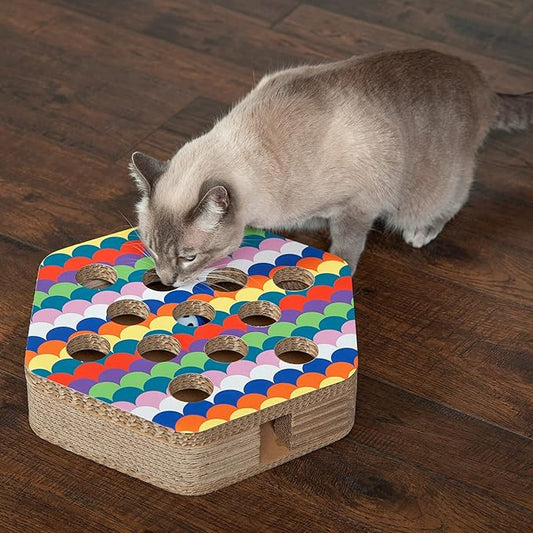 Furhaven Scratching Pad Ball Track Cat Toy w/ Catnip for Indoor Cats - Hexagonal Busy Box Scratcher - Rainbow Scales, One Size