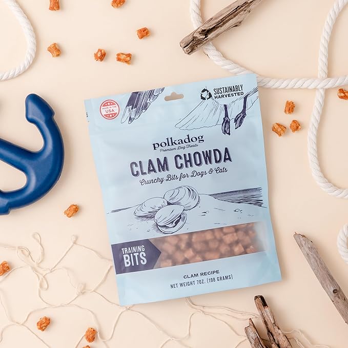Polkadog Clam Chowda Crunchy Training Bits – All Natural, Limited Ingredient Healthy Training Treats for Dogs. Handcrafted & Made in USA. Made with Atlantic Quahogs, High in Omega-3 – 7oz
