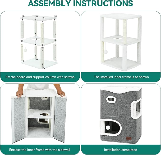 YITAHOME 2 Storey Cat House, Cat Beds for Indoor Cats, Small Cat Condo with Scratch Post and Hideaway Cave, Modern Cat Cube Playhouse for Multi Kittens, Classic Style, Grey