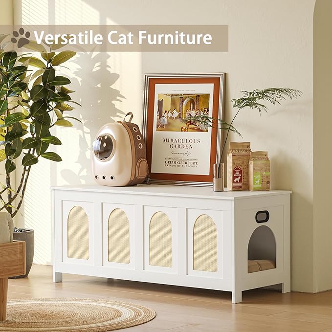 DINZI LVJ Cat Litter Box Enclosure, Flip Top Litter Box Furniture, Rattan-Like Hidden Cat Washroom, Wooden Pet House, End Side Table, 47.2" L x 18.7" W x 19.7" H, Easy to Assemble, White with Rattan