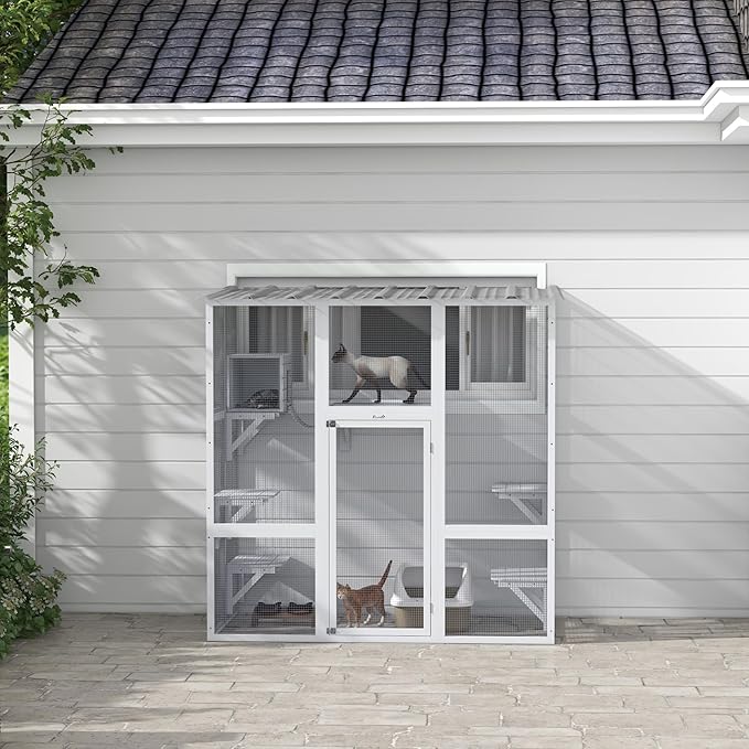 PawHut Catio Outdoor Cat Enclosure Window Box, Wooden Cat House Playground with Scratching Posts, Weather Protection Roof for 1-2 Kitties, Resting Boxes, 68" x 35.5" x 70.5", White