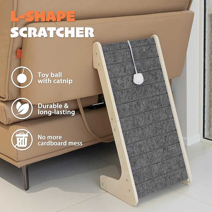 PETKARAY Felt Cat Scratcher, L Shaped Scratching Pad, Scratch Resistant Carpet Scratcher Ramp, Slot-Free Scratch Board with Toy Ball, Dark Grey