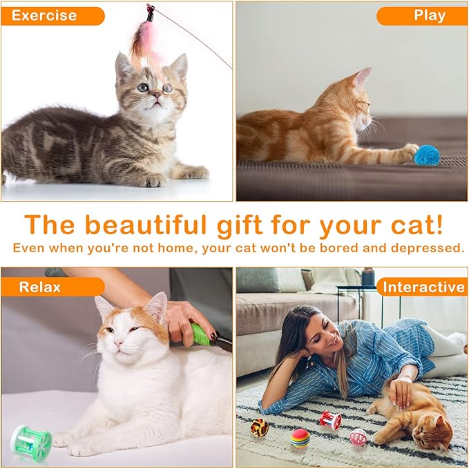 Wettarn 22 Pieces Cat Toys Set, with 2 Collapsible Tunnels for Indoor Cats and 20 Kitten Toys Tubes and Tunnels Interactive Feather Mouse Crinkle Balls for Pets Puppies(Colorful)