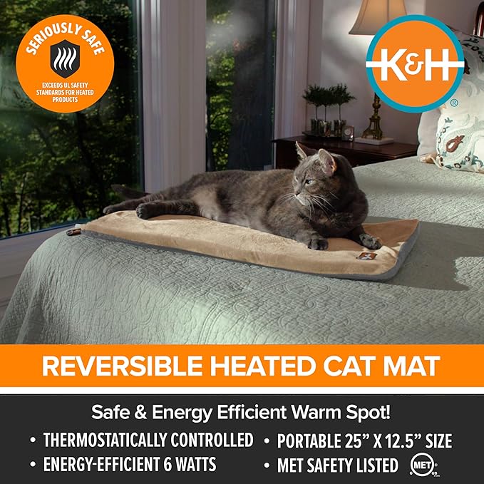 K&H Pet Products Heated Cat Bed Pad for Indoor Cats, Thermo-Kitty Mat Calming Warm Pet Heating Pad for Inside Pets, Machine Washable, Waterproof Heater, Safety Listed - 12.5 X 25in Sage/Tan