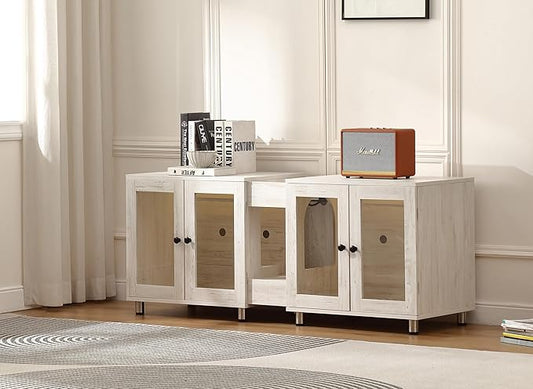 Double Cat Litter Box Enclosure for 2 Cats,Modern Double Litter Box Furniture with 7 Colors LED and Built-in Power Outlet,Large Cozy Cat Home,4 Glass Doors for Better Viewing, (White)