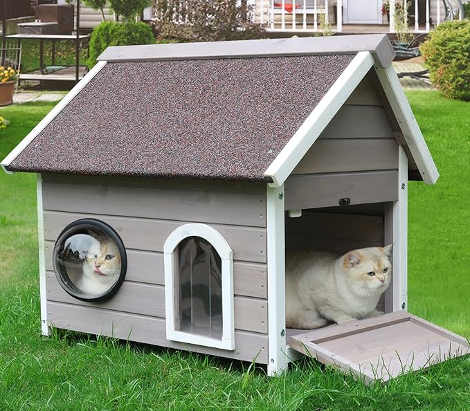 Rockever Outdoor Cat House, Feral Cat House Outdoor Weatherproof with Escape Door and Clear Windows for 2 Cats (Grey)