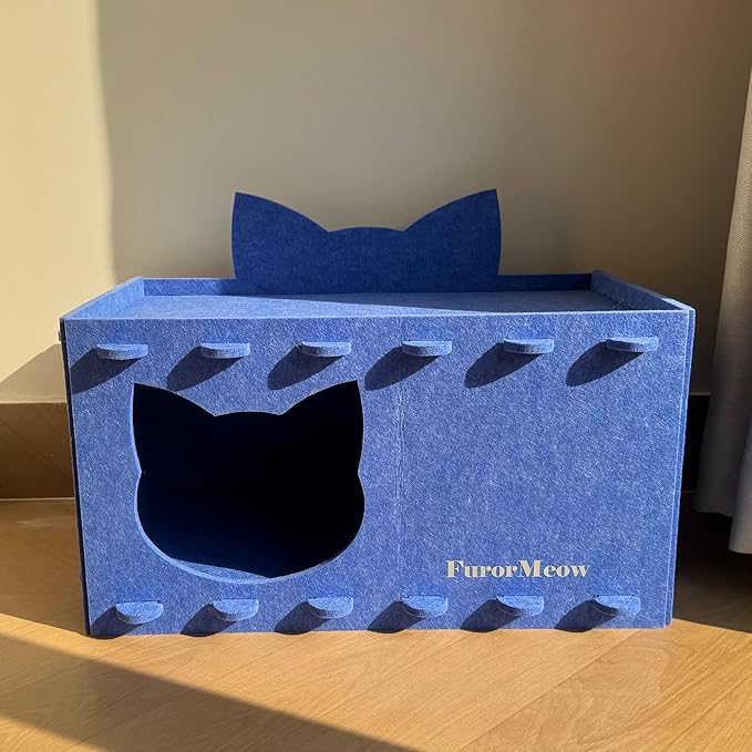 Cat House Cat Ear Design, Large Spacious Cozy Indoor Cat Bed Cave, Scratch Resistant Strong Thick Premium Felt Condo, Fun Hideaway for Multiple Cats, 21.5x13x11.6 inches (Blue)