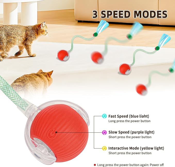 Interactive Cat Toy Ball for Indoor Cats, 2025 New Fast Self Rolling Ball Cat Toy on Carpet, Smart Interactive Automatic Cat Toy Ball for Gifts, Moving Cat Toy with Elastic Mesh Tail(Red)