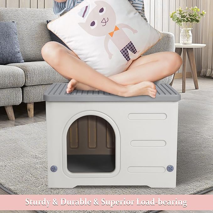 Deblue Plastic Cat House for Indoor Outdoor, Weatherproof Outside Cat House for Feral Cats, Unique Cat Shelter for Small Pet, Spacious, Easy to Assemble - Grey