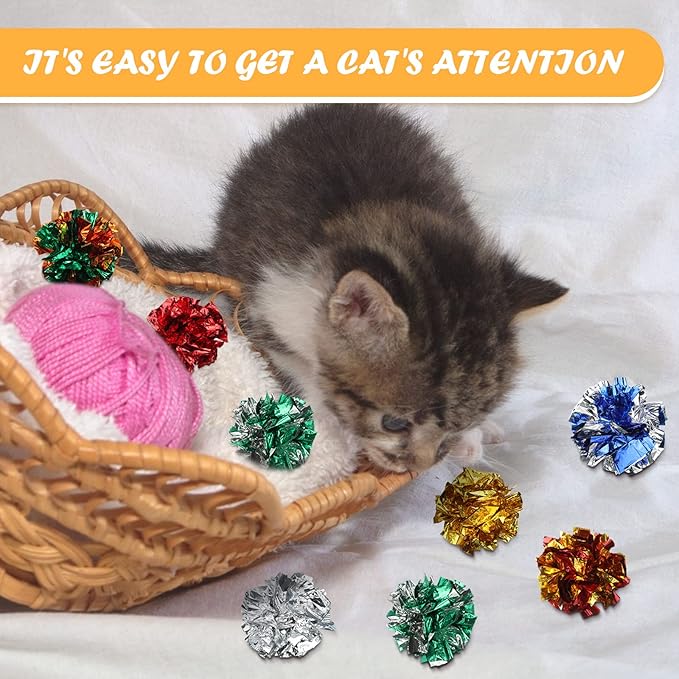 Silkfly 100 Pcs Polyester Film Crinkle Balls Cat Interactive Toys 2.36 Inch Colorful Chew and Chase Cat Ball Toys Attract Kittens for Indoor Keep Fit Active