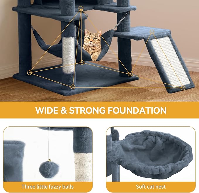 YITAHOME 75-Inch Tall Cat Tree Indoor: Multi-Level Kitten Tower with Kitty Condos, Top Perches, Sisal Ramp, Scratching Posts & Cozy Basket Hammocks Pet Play House Dark Gray