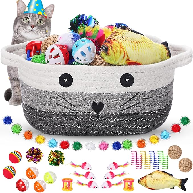 Zopeal 58 Pcs Cat Storage Basket Gift Toys Set, Colorful Flashing Balls Pet Bell Crinkle Balls Spring Toys Attract Cat to Swat, Bite, Hunt, Interactive for Pet(Multicolor,9.8 Inch)