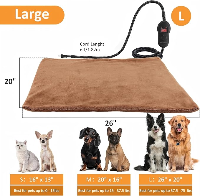 Upgraded Pet Heating Pad, 5 Adjustable Temperature & Timer, Electric Heated Dog Cat Bed for Winter, Auto Power-Off, Waterproof Chew-Resistant (L:26'' x 20'')