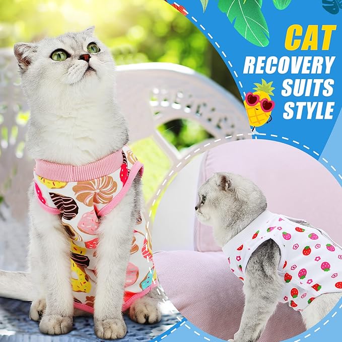 4 Pieces Cat Recovery Suits Body Wraps Breathable Kittens Recovery Clothes for Cats Small Dogs Abdominal Weaning(Banana, Football, Strawberry, Donut,S)