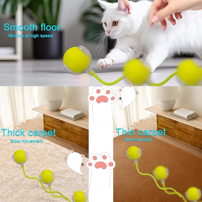 Interactive Cat Dog Toy Ball: Indoor Small Automatic Moving Smart Rolling Fun Pet Game with Led Light and String Tail for Motion Activated, Cute Kitten Puppy Present, Exercise Wheel Supplies (Yellow)