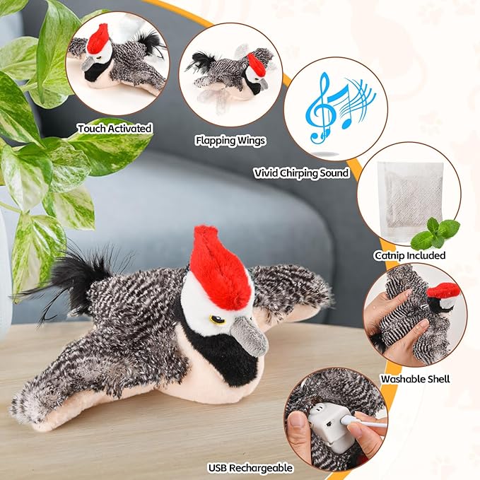 Flappy Bird Cat Toy for Indoor Cats, Simulated Chirping Flapping Wings Bird, Interactive Catnip Toys, Plush Kitten Exercise Toys (Woodpecker)