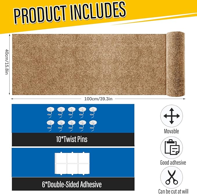 Cat Scratch Couch Furniture Protector, Adhesive Cat Scratch Pad Deterrent for Furniture, DIY Climbing Scratcher for Indoor Cats (Khaki, 39.3x15.8 in)