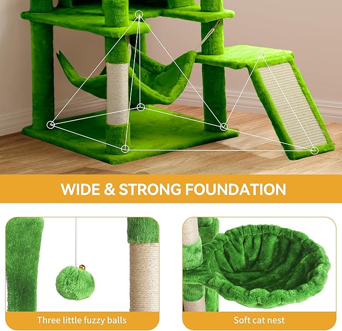 YITAHOME Tall Cat Tree for Indoor Cats, 75 inch Multi-Level Cat Tower with Cat Condos, Top Perches, Sisal Ramp Scratching Posts, Cozy Basket, Hammocks, Large Cat Pet Activity Structure,Green