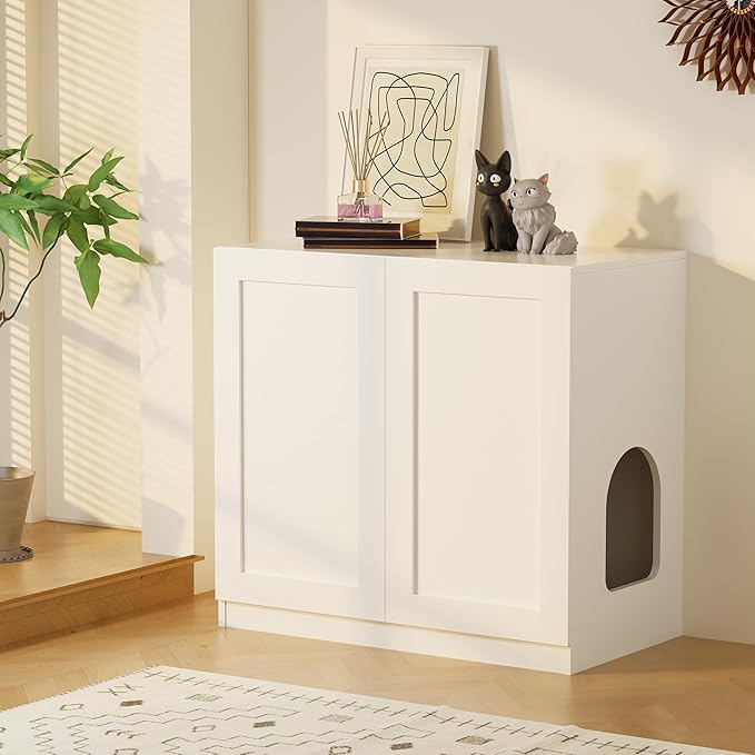 BEWISHOME Tall Litter Box Enclosure, Simple Hidden Litter Box Furniture with Removable Divider, Fit Most of Cat Litter Robot Indoor Pet House as Sideboard Cabinet White CMW12W