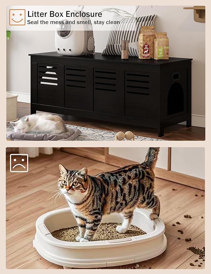 DINZI LVJ Litter Box Enclosure Furniture for 2 Cats, Top Opening Hidden Litter Box with Double Rooms, Dual Cat House with Good Ventilation, 47.2" Wooden Cat Washroom, Espresso