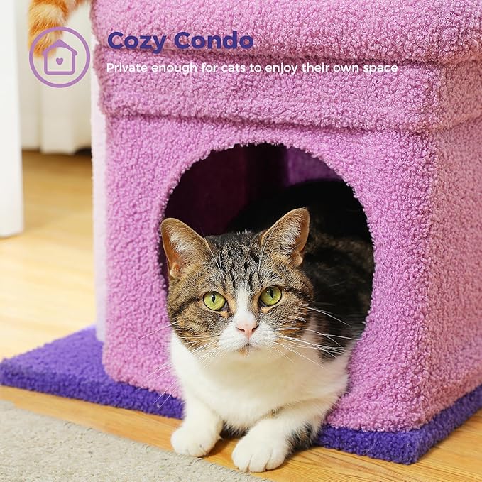PEQULTI Cat Tree Flower Cat Tower for Indoor Cats with Private Cozy Cat Condo, Natural Sisal Scratching Posts and Plush Pom-pom for Small Cats, Purple