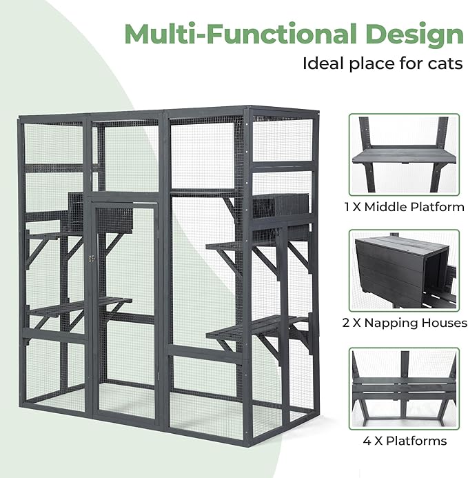 Large Stylish Wooden Catio Outdoor Cat Enclosure Cat Cage & Run Enclosures Indoor Kitty Window Catio with Waterproof Roof, 7 Platforms & 2 Resting Box, UV Resistant, 62.4" L x 32.4" W x 70" H (Grey)