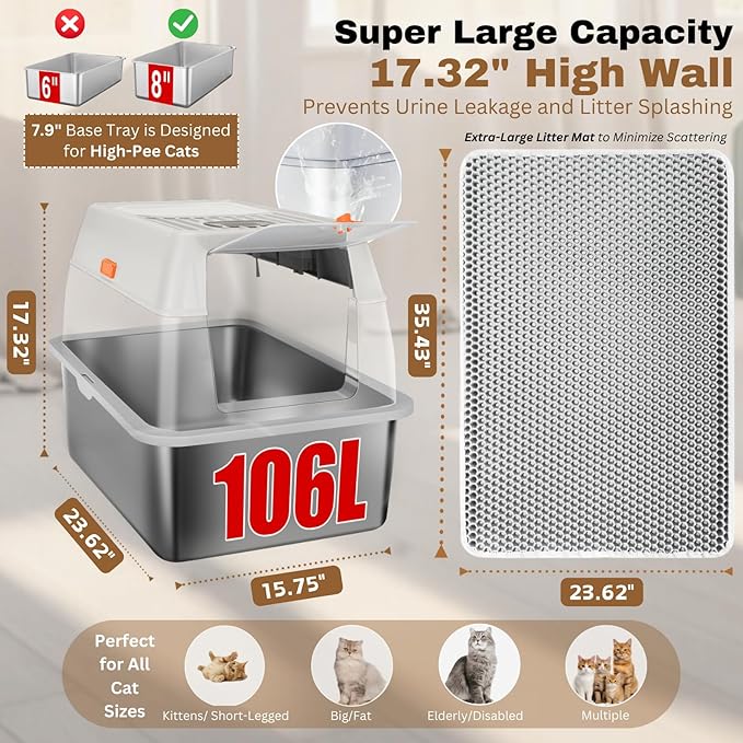 Fully Enclosed XXL Stainless Steel Litter Box with Lid, 8” Deep Pan, Large Stainless Steel Cat Litter Box for Big Cat with Scoop, Step Board, Mat, Brush, Odor-Free, Anti-Leak, Non-Stick (White)