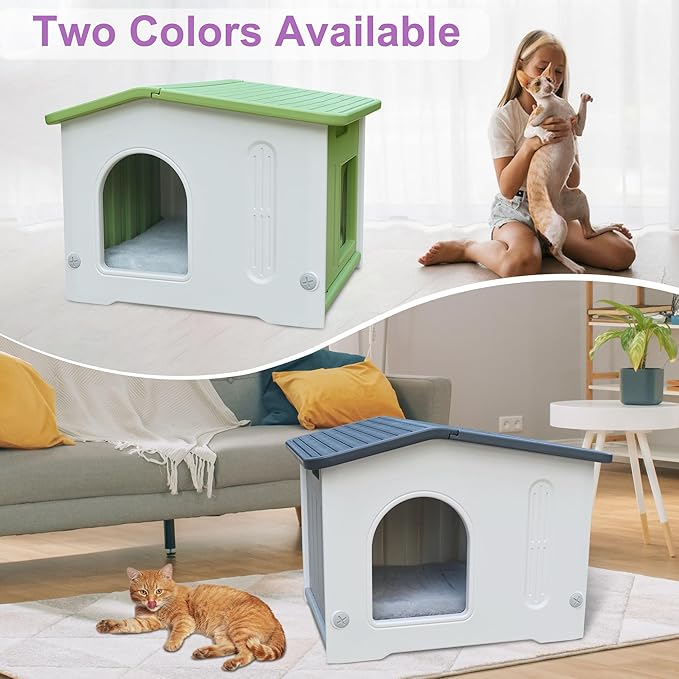 Rockever Plastic Outdoor Cat House with Escape Door, Waterproof Cat Shelters for Feral Cats Indoor Cat House with Mat, Sturdy Cat House for Outdoor Cats, Assemble Easily-Grey