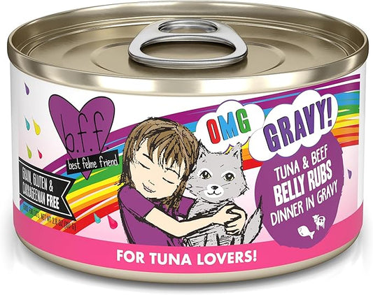 Weruva B.F.F. OMG - Best Feline Friend Oh My Gravy!, Tuna & Beef Belly Rubs with Tuna & Beef, 2.8oz Can (Pack of 12)