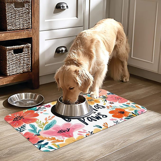 True Love Floral Dog Cat Food Mat-Absorbent Placemat for Food and Water Bowl, Waterproof Non Slip Rubber Backing Dog Food Mats for Floors, Pet Supplies 12 * 20 inch