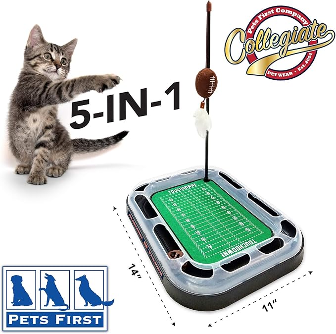 Pets First NCAA Auburn Tigers Reversible Football Field CAT Scratcher Toy with Catnip Filled Plush Football Toy&Feather Cat Toy Hanging with Jingle Bell Interactive Ball Cat Chasing 6-in-1 Kitty Toy
