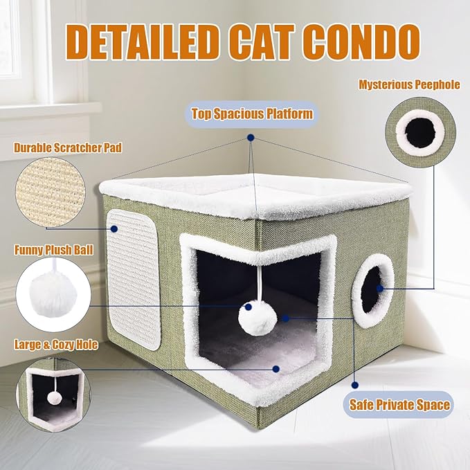 Cat Beds for Indoor Cats - Foldable Cat Hideaway with Hanging Fluffy Ball and Scratch Pad, Large Cat Bed Cave with Reversible Cushion for Multi Small Pet Kitten, Green
