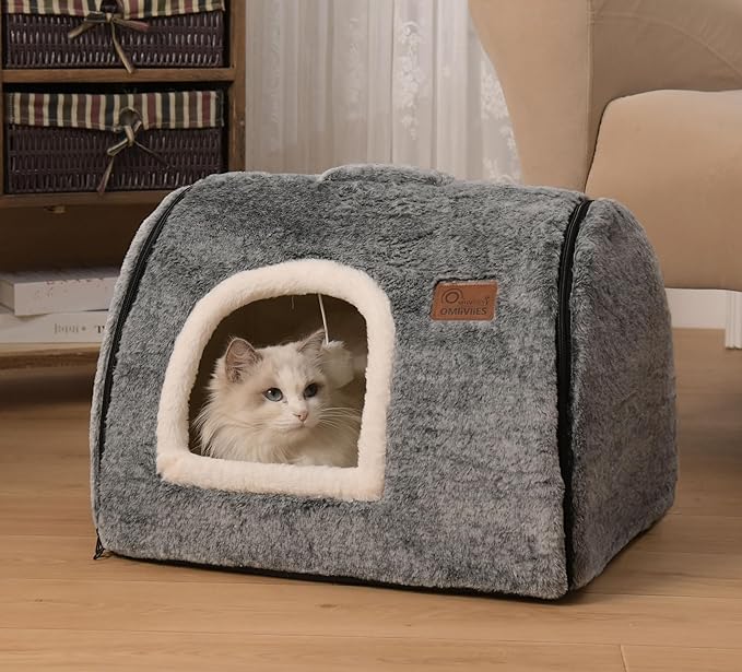 cat Bed cave-cat beds for Indoor Cats,Soft and Comfortable Cute cat Bed，cat House,with Removable Washable Cushioned Pillow,Enclosed Pet Bed,Kitten hut、Hideaway,Small Large Dog Tent (Dark Grey)
